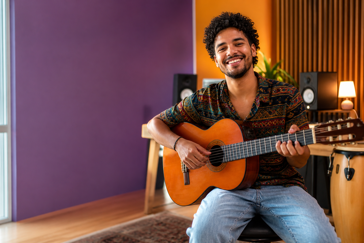 Músico feliz tocando violão em estúdio — Maestro 360 para escolas de música